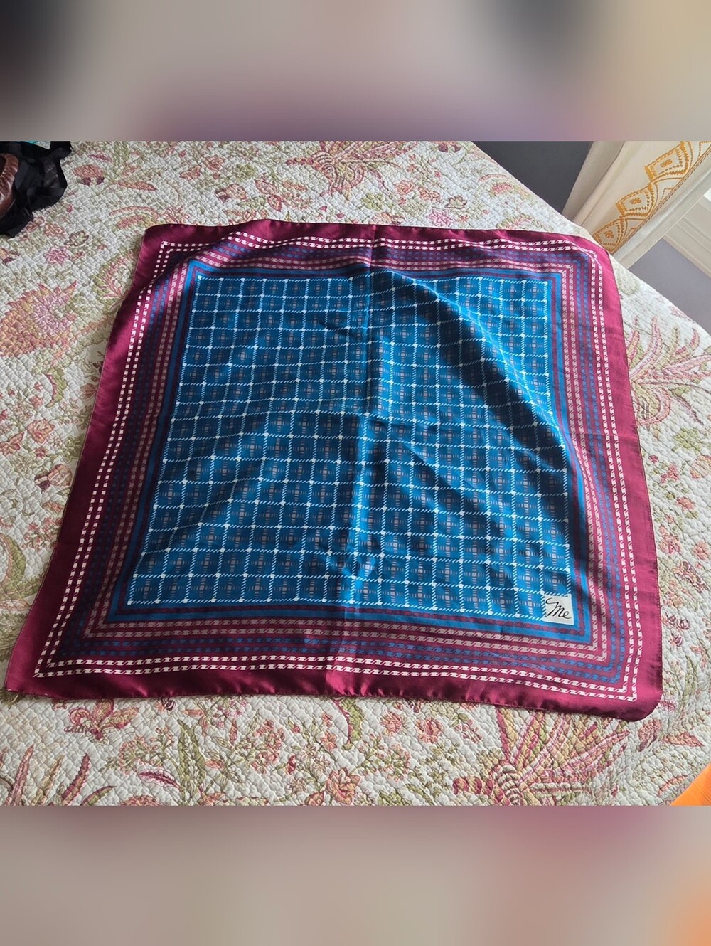 Vintage Blue and Burgundy Checked Silk Scarf